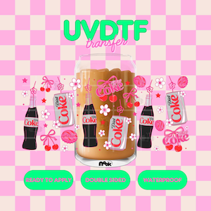 May include: A UVDTF transfer sheet featuring a repeating pattern of Diet Coke bottles, cans, cherries, bows, and flowers in pink and red. The design includes the text UVDTF transfer, Ready to Apply, Double Sided, and Waterproof on a pink checkered background.