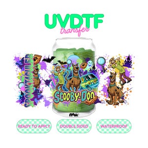 May include: A UVDTF transfer featuring Scooby-Doo characters and the text "Scooby-Doo" in a colorful design. The design includes images of Scooby-Doo, Shaggy, a haunted house, and a van. The transfer is double-sided and waterproof.