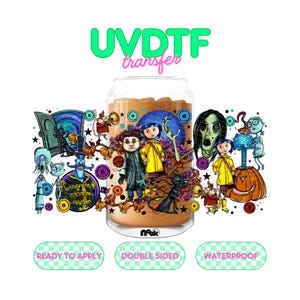 May include: A clear glass can-shaped cup with a colorful UVDTF transfer featuring characters from a fantasy movie. The design includes a girl in a yellow raincoat, a black cat, and other whimsical figures. The text "READY TO APPLY", "DOUBLE SIDED", and "WATERPROOF" are also visible.