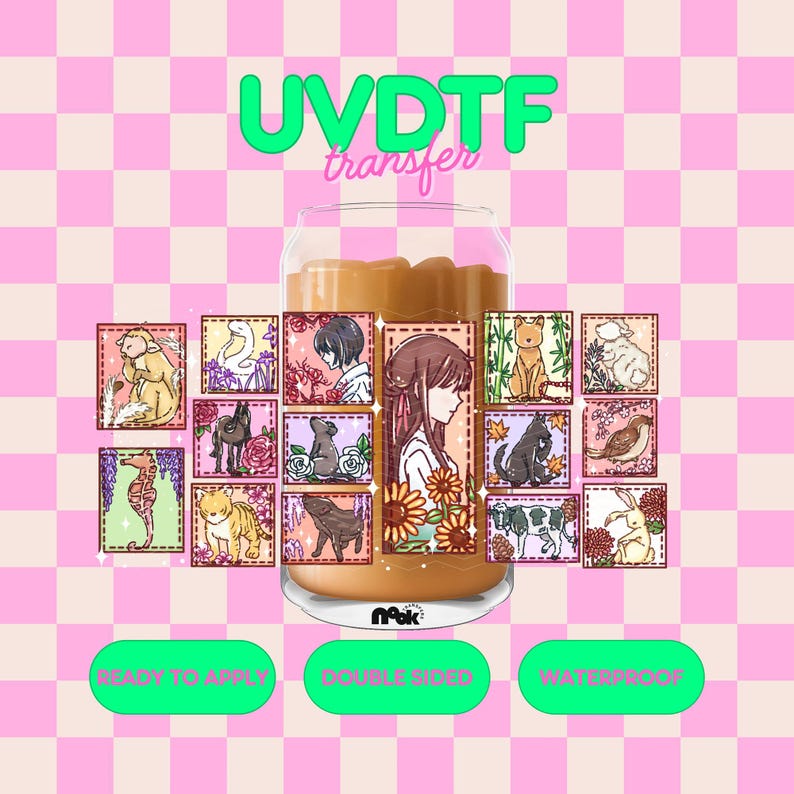 May include: A UVDTF transfer design featuring a glass with a brown liquid and various animal and character illustrations. The design includes text that says "READY TO APPLY", "DOUBLE SIDED", and "WATERPROOF". The background is a pink and white checkered pattern.