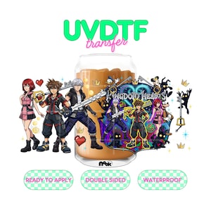 May include: A UVDTF transfer sheet featuring Kingdom Hearts characters including Sora, Riku, and Kairi, alongside keyblades, hearts, and crowns. The design includes the Kingdom Hearts logo and text reading UVDTF transfer, ready to apply, double sided, and waterproof.