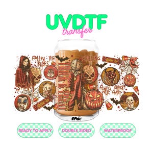 May include: A UVDTF transfer featuring a Halloween-themed design. The design includes various spooky characters, pumpkins, and the text "BEWARE" and "CHILLING". The transfer is double-sided and waterproof, ready to apply.