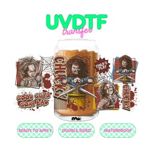 May include: A UVDTF transfer featuring a Chucky design. The design includes multiple images of Chucky with scissors and a knife, along with the text "CHUCKY", "GOOD GUYS GONE BAD", and "CHILD'S PLAY". The transfer is double-sided and waterproof.
