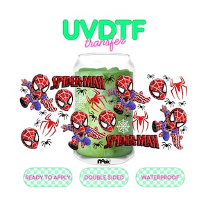 May include: A clear glass can-shaped cup filled with green liquid, featuring Spider-Man character decals, red spider icons, and white spiderwebs. The text UVDTF transfer, Spider-Man, Ready to Apply, Double Sided, and Waterproof are visible.