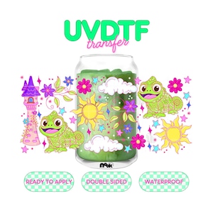 May include: A UVDTF transfer sheet featuring a clear glass can filled with a green liquid. The design includes a purple tower, green patterned chameleons, yellow suns, white clouds, pink flowers, and blue stars. Text reads UVDTF transfer, READY TO APPLY, DOUBLE SIDED, WATERPROOF.