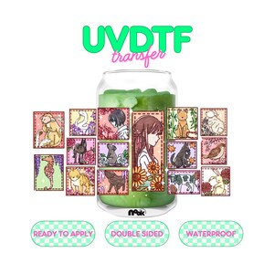May include: A UVDTF transfer design featuring a glass with a green liquid and various animal and character illustrations. The design includes the text "READY TO APPLY", "DOUBLE SIDED", and "WATERPROOF".