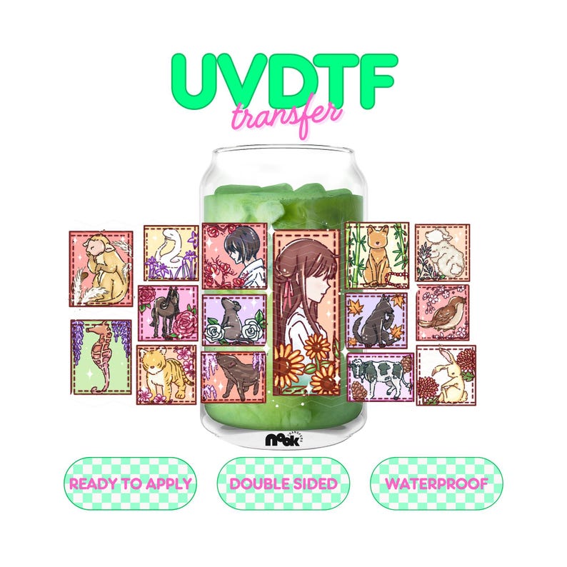 May include: A UVDTF transfer design featuring a glass with a green liquid and various animal and character illustrations. The design includes the text "READY TO APPLY", "DOUBLE SIDED", and "WATERPROOF".