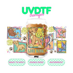 May include: A UVDTF transfer featuring characters from The Lion King. The design includes Simba, Timon, Pumbaa, and Zazu, with the words "Lion King" on a glass. The transfer is ready to apply, double-sided, and waterproof.