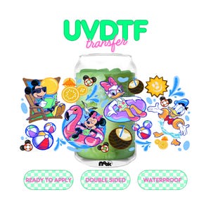 May include: A UVDTF transfer featuring Disney characters enjoying a summer day. Mickey Mouse reads in a chair, Minnie Mouse floats on a flamingo, and Daisy Duck relaxes in a tube. The design includes beach balls, coconuts, and the words "READY TO APPLY", "DOUBLE SIDED", and "WATERPROOF".