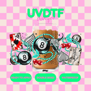 May include: A UVDTF transfer design featuring a glass with a coffee-like beverage, adorned with an 8-ball, playing cards, a bull skull, and cherries. The design includes the text "UVDTF transfer" and the words "Ready to Apply", "Double Sided", and "Waterproof". The background is a pink and white checkered pattern.