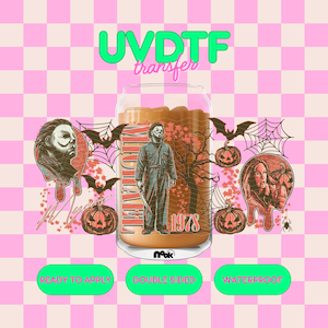 May include: UVDTF transfer featuring a Halloween-themed design. The design includes a central image of a figure with a knife, surrounded by pumpkins, bats, and spiderwebs. The text "HALLOWEEN 1978" is visible on the design. The background is a pink and white checkered pattern.