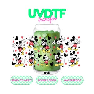 May include: A clear glass can with a green liquid inside. The can has a Mickey Mouse design with red, black, and yellow colors. The can is surrounded by smaller Mickey Mouse images. The text "UV DTF transfer" is at the top of the image. The text "READY TO APPLY", "DOUBLE SIDED", and "WATERPROOF" are at the bottom of the image.