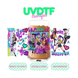 May include: A UVDTF transfer featuring a colorful design with the text "HUNTRX" and "Zoey Rain". The design includes illustrations of anime-style characters, musical notes, and the words "VIP", "SO SWEET", "SO EASY ON", "THIS IS", and "TAKEDOWN". The transfer is labeled "READY TO APPLY", "DOUBLE SIDED", and "WATERPROOF".