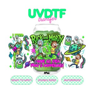 May include: A UVDTF transfer featuring a colorful design with Rick and Morty characters. The design includes the text "Rick and Morty" and "I have no idea what's happening!" The transfer is ready to apply, double-sided, and waterproof.