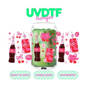 May include: A UVDTF transfer sheet featuring a repeating pattern of Dr Pepper bottles, cans, cherries, bows, and flowers in shades of pink and red. The design includes the text Dr Pepper, UVDTF transfer, Ready to Apply, Double Sided, and Waterproof.
