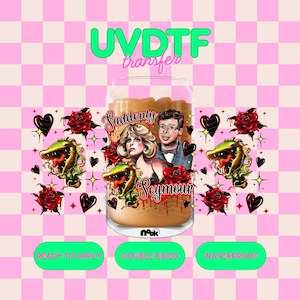 May include: A UVDTF transfer featuring a cartoon illustration of a couple with the words "Suddenly Seymour". The design includes red roses, green plant monsters, and black hearts on a pink checkered background. The transfer is double-sided and waterproof.