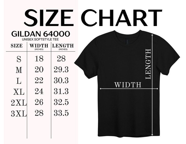 Pu&ograve; includere: Una tabella delle taglie per la t-shirt unisex Gildan 64000. La tabella mostra le taglie dalla S alla 3XL con le relative misure di larghezza e lunghezza in pollici, accanto a un diagramma di una t-shirt nera con frecce per larghezza e lunghezza.