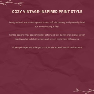 May include: A dark maroon background with a crumpled paper texture and white floral corner accents. The text reads: COZY VINTAGE-INSPIRED PRINT STYLE. Designed with warm atmospheric tones, soft distressing, and painterly detail for a cozy boutique feel.