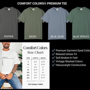Pu&ograve; includere: Una t-shirt Comfort Colors premium in quattro colori: pepper, moss, blue jean e blue spruce. Include una tabella delle taglie con misure in pollici dalla S alla 4XL e un elenco delle caratteristiche del prodotto, tra cui il cotone tinto in capo.
