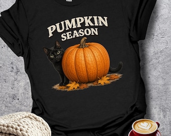 Pumpkin Season Black Cat Shirt, Cat Lover Gift, Cute Fall Cat Tee, Autumn Animal Shirt, Comfort Colors