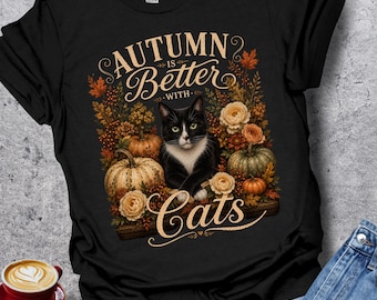 Autumn Is Better With Cats Shirt, Tuxedo Cat Gift, Cat Lover Shirt, Fall Cat Tee, Comfort Colors