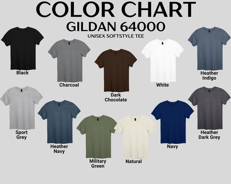 Pu&ograve; includere: Una tabella colori per t-shirt unisex softstyle Gildan 64000 che mostra undici magliette a maniche corte nei colori nero, antracite, cioccolato fondente, bianco, indaco m&eacute;lange, grigio sport, blu navy m&eacute;lange, verde militare, naturale, blu navy e grigio scuro m&eacute;lange.