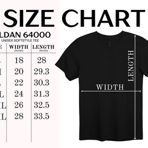 Puede incluir: Una tabla de tallas para la camiseta unisex Gildan 64000. La tabla muestra las tallas de la S a la 3XL con las medidas de ancho y largo en pulgadas, junto a un diagrama visual de una camiseta negra con flechas que indican el ancho y el largo.