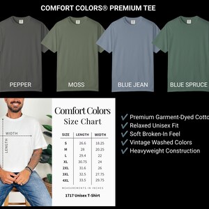 May include: A Comfort Colors premium t-shirt display featuring four color options: pepper, moss, blue jean, and blue spruce. Includes a size chart with measurements in inches for sizes S through 4XL, and a list of product features including garment-dyed cotton.