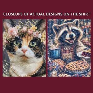 Puede incluir: Dos impresiones gr&aacute;ficas rectangulares en una camisa. La izquierda muestra un gato calic&oacute; con una corona de flores y un collar de perlas. La derecha muestra un mapache con peto con el texto CAMP HOST, sosteniendo una taza azul y un pastel.