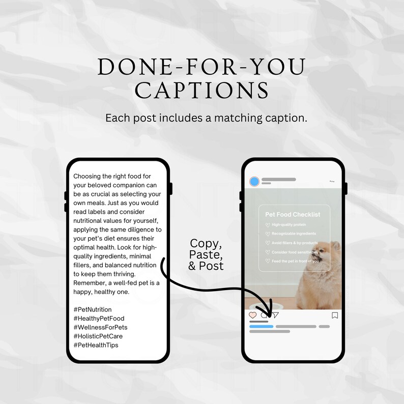 May include: A smartphone screen displaying a social media post with a checklist titled "Pet Food Checklist" and a small dog looking at the camera. The checklist includes items such as "High-quality protein", "Avoid fillers & by-products", "Essential vitamins & minerals", and "Fresh, raw food options". The text "Copy, Paste, & Post" is written on a line connecting the smartphone to a text box with tips on choosing the right pet food. The text box includes the hashtags #PetNutrition, #HealthyPetFood, #WellnessForPets, #HolisticPetCare, and #PetHealthTips.