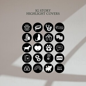 May include: A set of 16 black and white Instagram story highlight covers with various pet-related icons, including paw prints, a dog, a cat, a heart, a bone, a collar, a house, a food bowl, a rainbow, a leash, a first aid kit, a speech bubble with the word "TIPS", a speech bubble with the letters "Q&A", a speech bubble with the word "LIVE", a speech bubble with the words "Start Here", and a speech bubble with the word "Links".