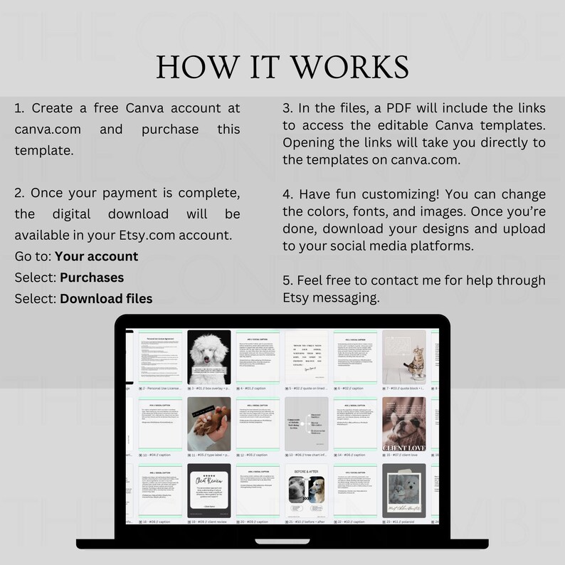 May include: A laptop screen displaying a how-to guide for customizing Canva templates. The guide includes instructions on creating a free Canva account, accessing editable templates, and customizing colors, fonts, and images. The guide also includes a screenshot of a Canva template with a pet photo.