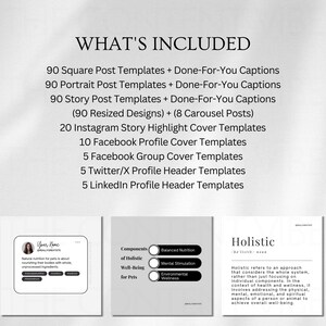 May include: A digital marketing template kit for social media featuring 90 square post templates, 90 portrait post templates, 90 story post templates, 20 Instagram story highlight cover templates, 10 Facebook profile cover templates, 5 Facebook group cover templates, 5 Twitter/X profile header templates, and 5 LinkedIn profile header templates. The image also shows a sample template with the text "Your Name" and "REALLYOREATIT" and a checklist of components of holistic well-being for pets.
