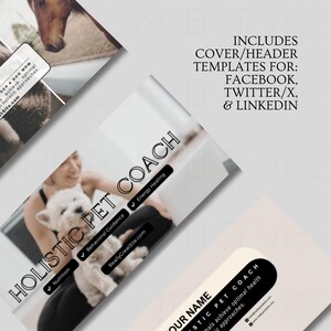 May include: A digital marketing template for a holistic pet coach. The template features a white dog and a woman, with the text "HOLISTIC PET COACH" in black and white. The template includes the text "Nutrition, Behavioral Guidance, Energy Healing" and the website address "ReallyGreatSite.com". The template also includes the text "INCLUDES COVER/HEADER TEMPLATES FOR: FACEBOOK, TWITTER/X, & LINKEDIN".