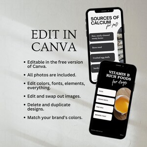 May include: Two black and white phone screens with lists of foods for dogs. The first screen lists sources of calcium for pets, including raw, easily-chewed meaty bones, bone meal, crushed egg shells, and sardines. The second screen lists vitamin B rich foods for dogs, including eggs, organ meats, raw milk, and brewers yeast.