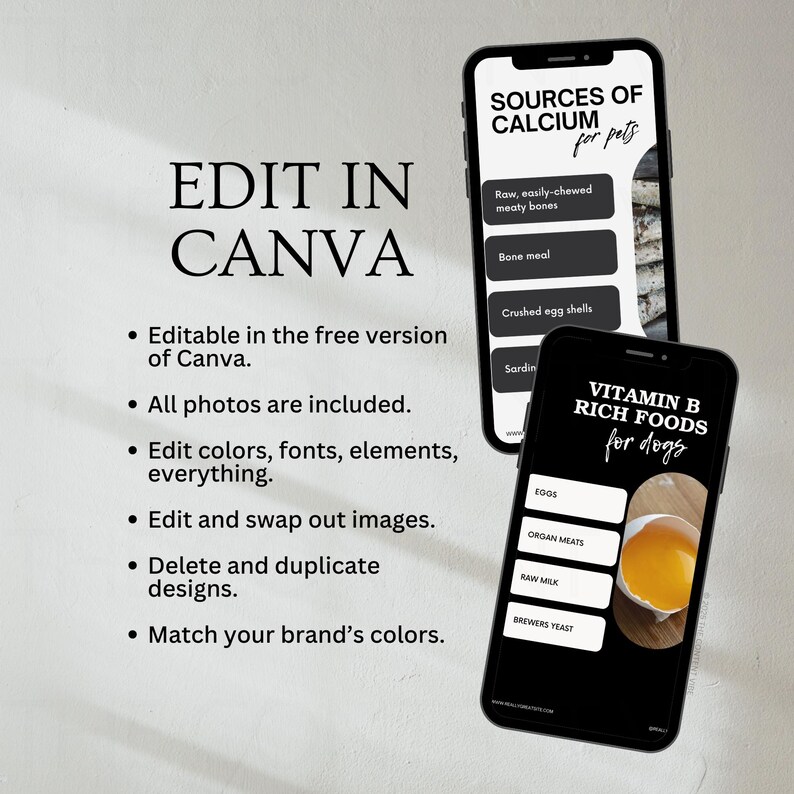 May include: Two black and white phone screens with lists of foods for dogs. The first screen lists sources of calcium for pets, including raw, easily-chewed meaty bones, bone meal, crushed egg shells, and sardines. The second screen lists vitamin B rich foods for dogs, including eggs, organ meats, raw milk, and brewers yeast.