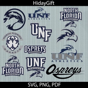 May include: A digital design sheet featuring multiple logos for the University of North Florida Athletics. The logos include the school's mascot, the Osprey, and the school's name and colours. The text "SVG, PNG, PDF" is at the bottom of the sheet.