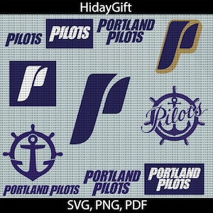 Op de afbeelding: Een verzameling digitale ontwerpbestanden voor de Portland Pilots, een sportteam. De ontwerpen bevatten het teamlogo, een blauwe en witte 'P' met een scheepswiel en anker, en de teamnaam in verschillende lettertypen en kleuren.