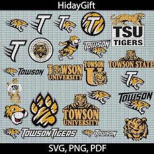 May include: A digital download of various graphic designs featuring the Towson University Tigers mascot, including a paw print, a tiger head, and the university logo. The text "TSU Tigers" and "Towson University" are also included in the designs.