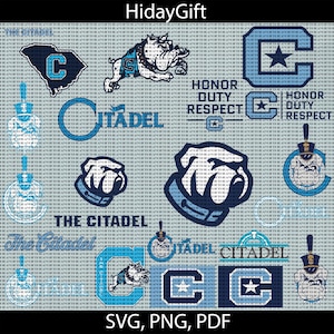 May include: A digital design featuring the The Citadel mascot, a bulldog, in various poses and with different text elements. The text includes "The Citadel", "Honor Duty Respect", and "Citadel". The design is in blue, white, and gray colors.
