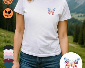 T-shirt damski z organicznej bawełny z motywem motyla i kwiatów | XS-XXL WEGAŃSKI i zrównoważony | Kwiatowy wzór