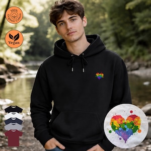 Biologische regenboogverf hart hoodie van katoen, unisex | LGBTQ Pride hoodie met regenboog hart en verfspatdesign