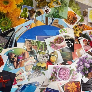 May include: A collage of colorful images, including flowers, plants, and landscapes. The images are arranged in a random pattern and are printed on various types of paper. Some of the images are in color, while others are in black and white.