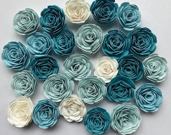 20 flores de papel enrolado em tons de azul | rosas de papel enrolado | Decoração de festa | Criação de caixa de sombra | Decoração de chá de bebê | Enfeites |