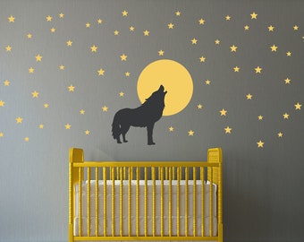 Wolf howling at the Moon with Stars Wall Decal Set - 74 Star Decals - Moon Wall sticker - Wolf Decor - Nursery Wall Decal Set