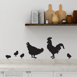 Rooster and Chicken Decal | Kitchen Wall Art | Country Farmhouse Decor with Baby Chicks