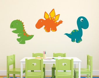 Cartoon Dinosaur Decal Set - 3 Dinosaur Wall Stickers - Kids Bedroom Decor