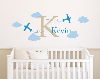 Airplane Wall Decal with Initial and Name - Boy Name Decal - Plane Wall Sticker - Boy Bedroom Decor - Medium