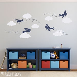 Airplane Cloud Decal Set | 4 Detailed Airplanes and 7 Cloud Vinyl Decals | Boy Bedroom Decor
