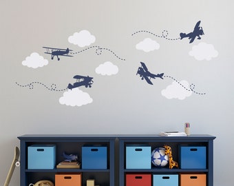 Airplane Cloud Decal Set | 4 Detailed Airplanes and 7 Cloud Vinyl Decals | Boy Bedroom Decor